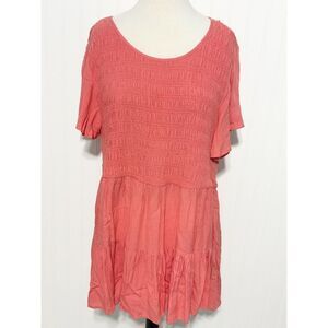 Torrid Women's Babydoll Crinkle Gauze Smocked Top Blouse Tiered‎ Coral Pink 3X